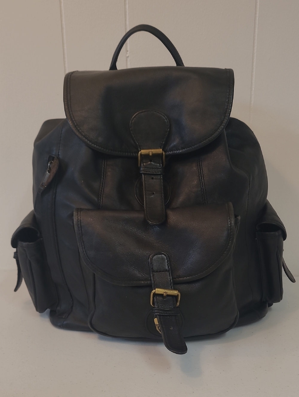 M. London Vintage Black Leather Patinaed Backpack Multi Pocket Drawstring Close